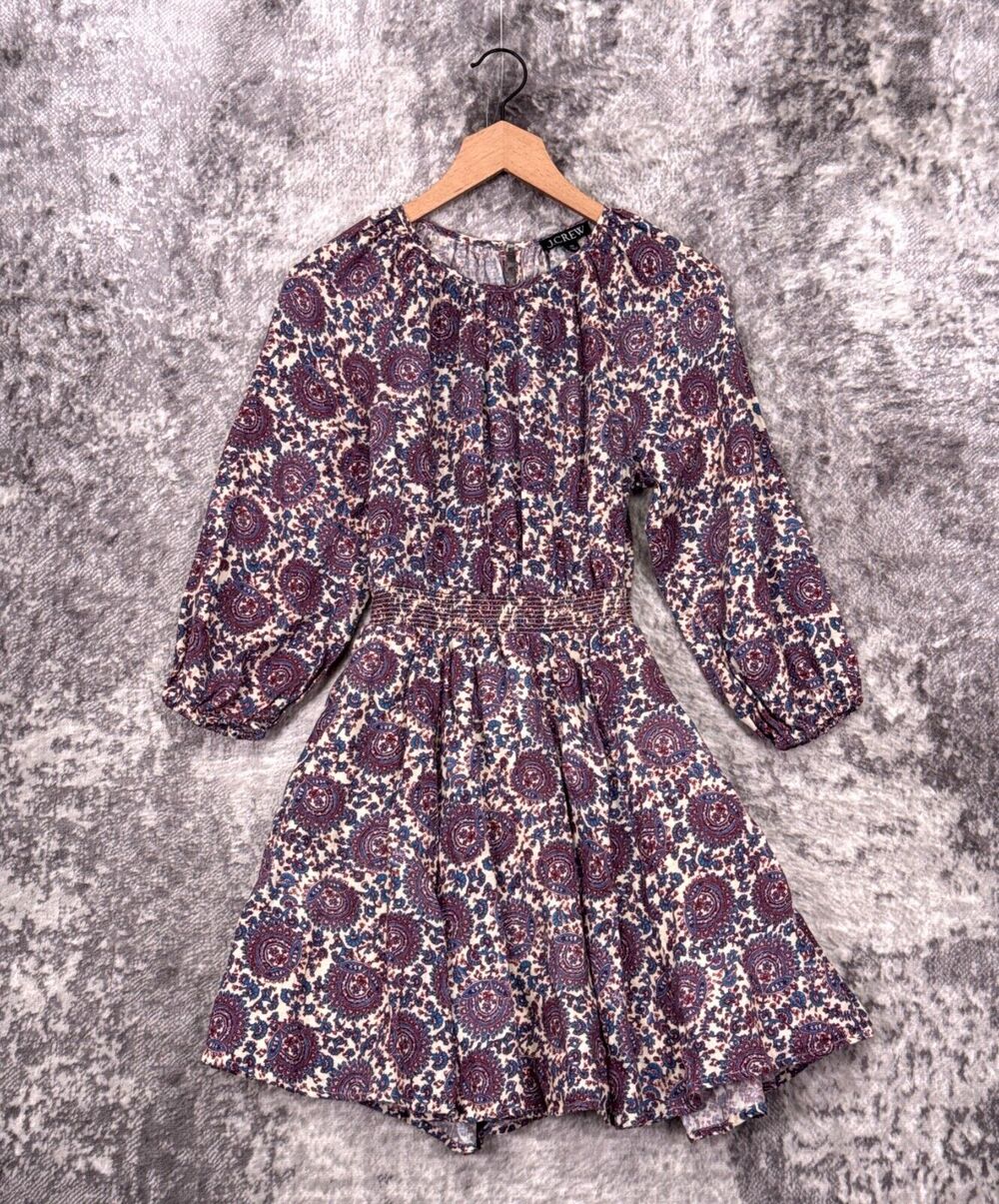 J Crew Dress XS Womens Linen Floral Woven Smocked Waist Long Sleeve Mini